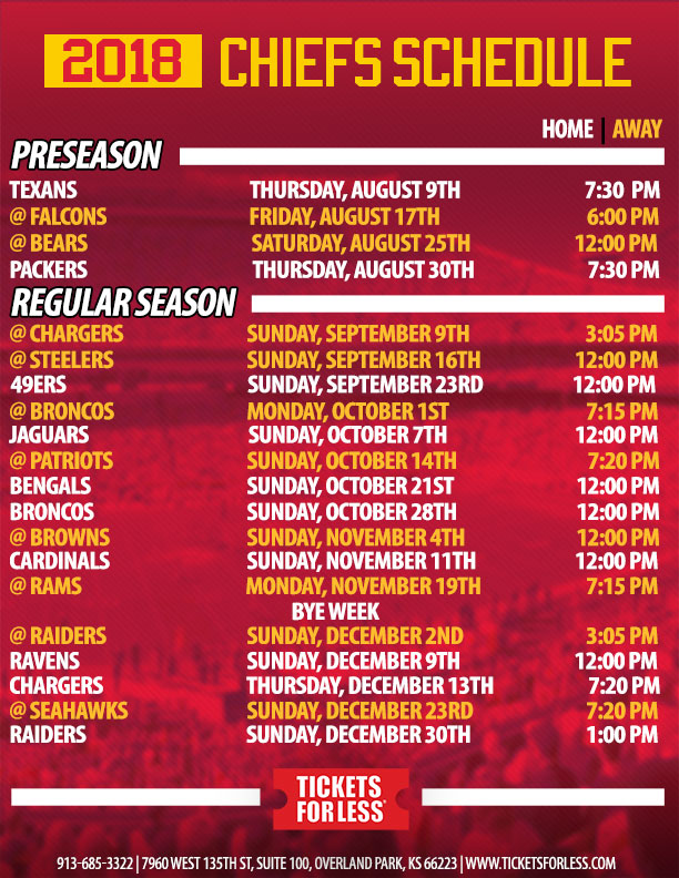 2018 Chiefs Printable Schedule Kansas City Chiefs Schedule