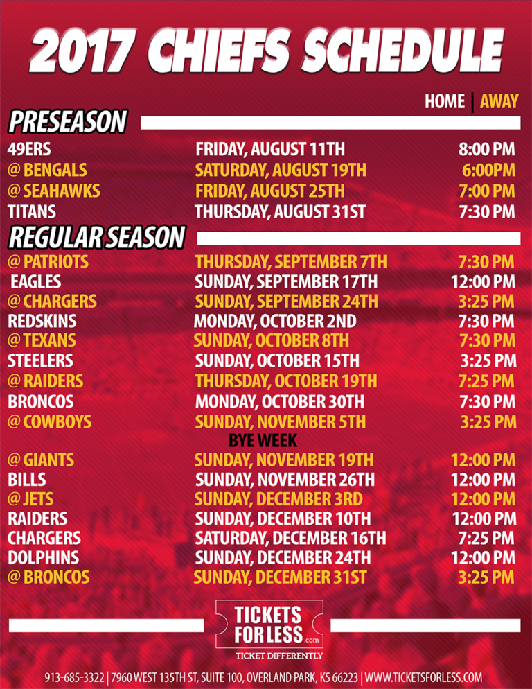 2017 Chiefs Printable Schedule Kansas City Chiefs Schedule