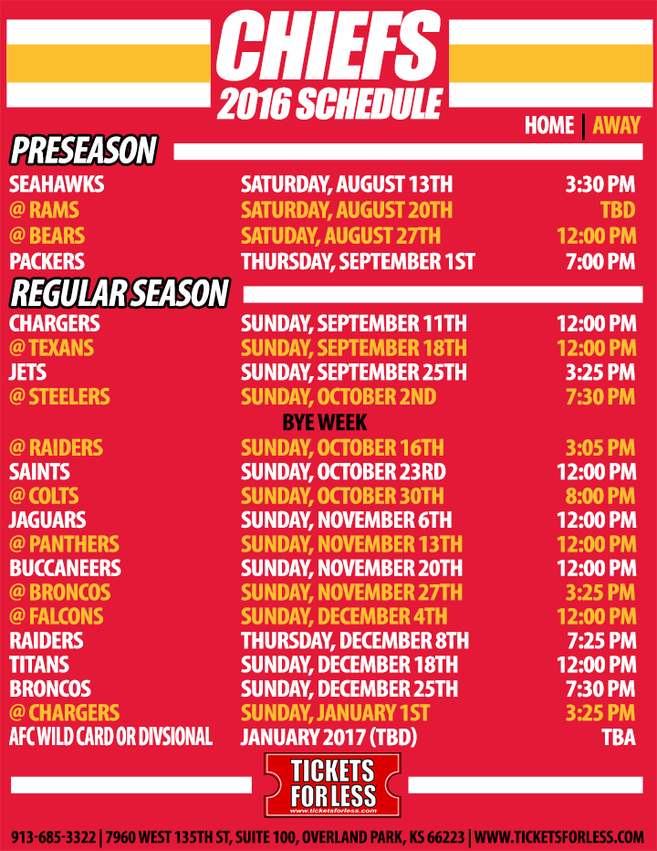 Chiefs Printable Schedule - Kansas City Chiefs Schedule