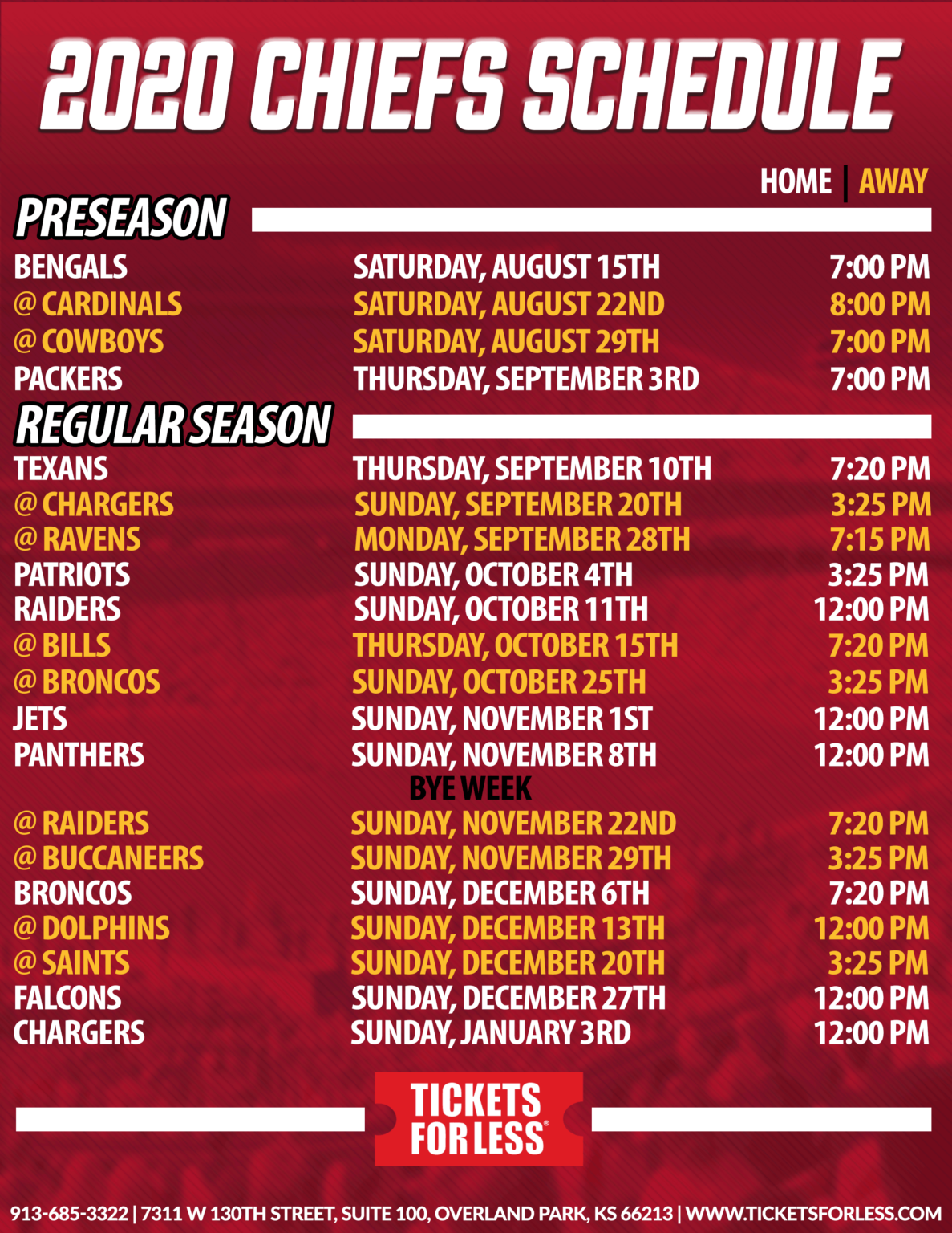 FINALChiefs2020PrintableSchedule Kansas City Chiefs Schedule